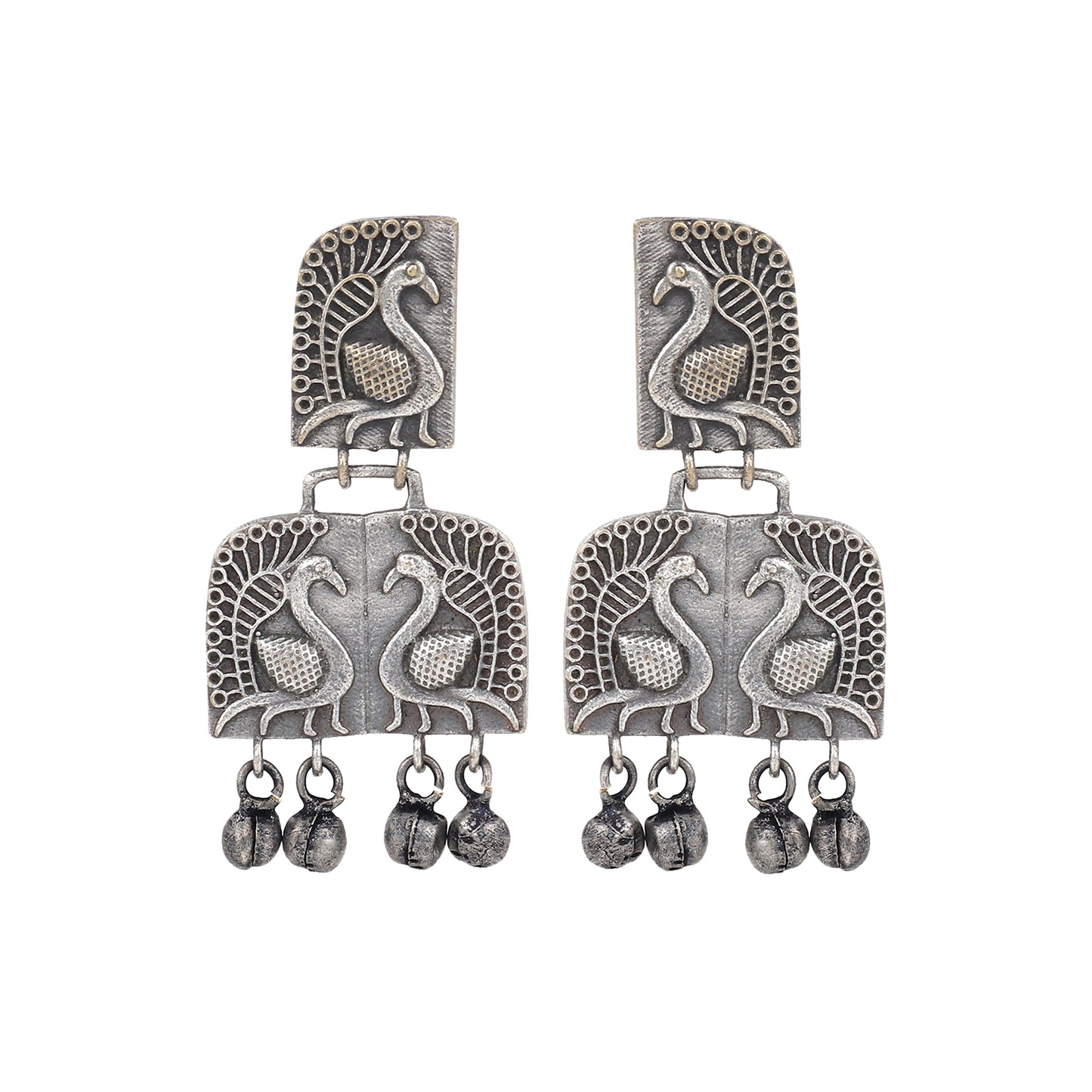 Silver Oxidised finish, peacock embossed drop Earring