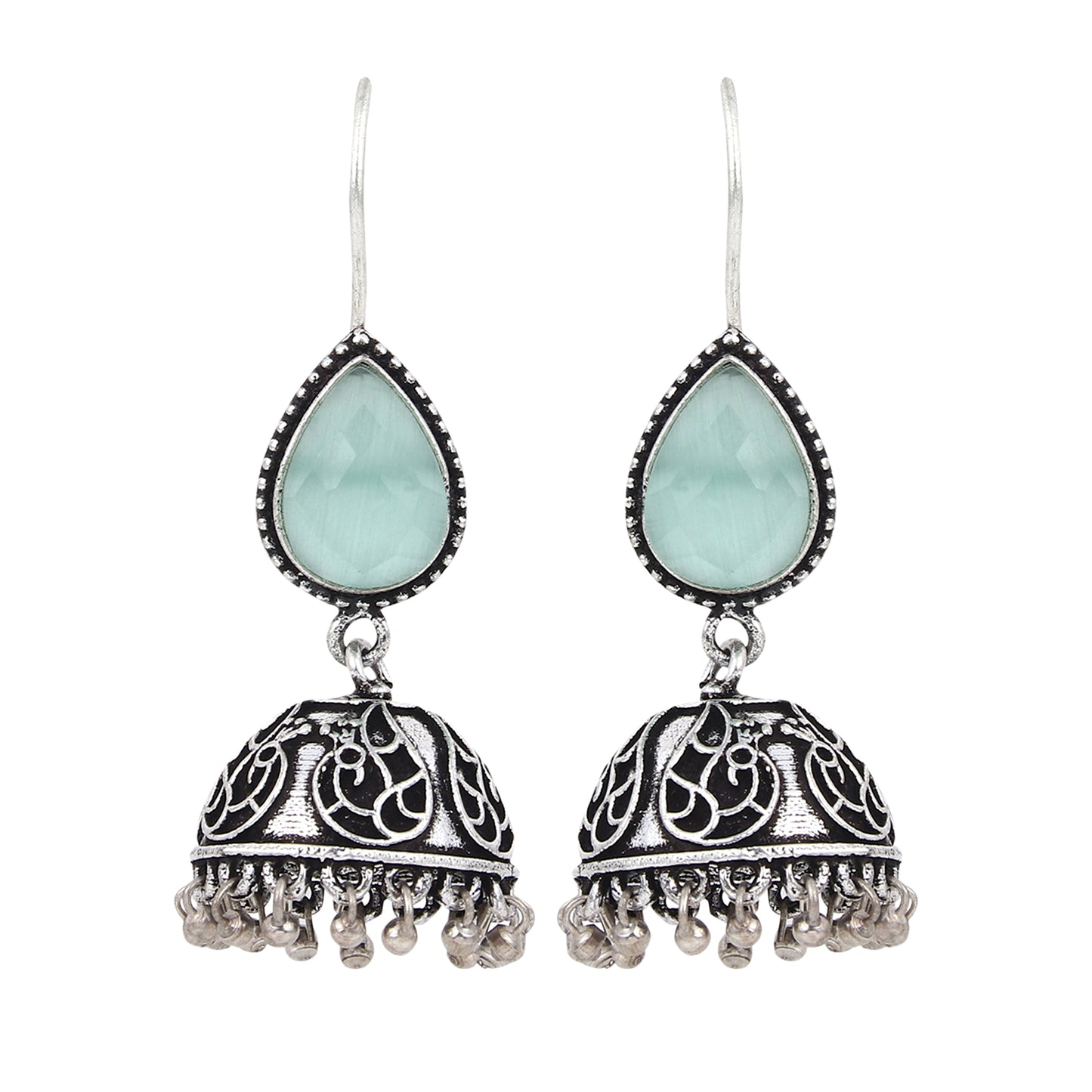 Silver Oxydised Jhumka with Green Stone