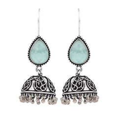 Silver Oxydised Jhumka with Green Stone