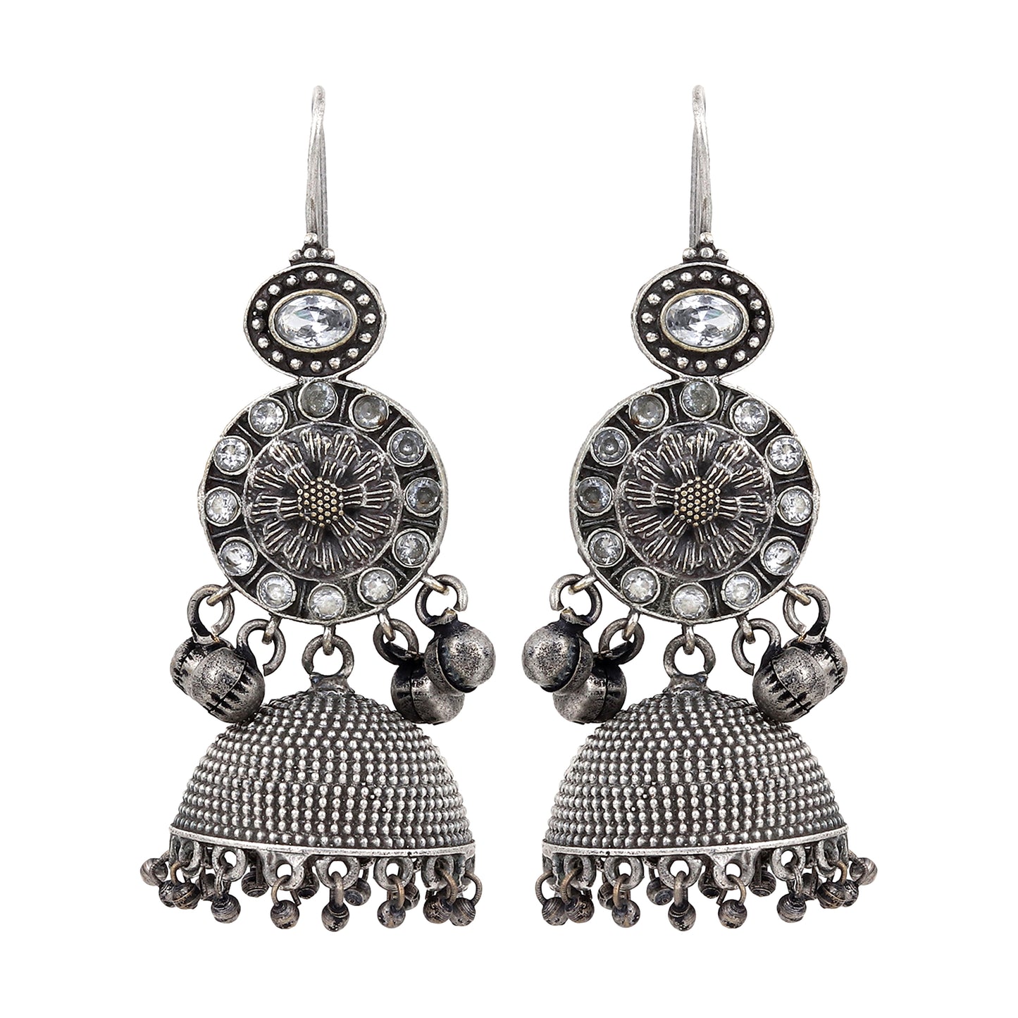 Silver Oxidised finish Jhumka with AD stone
