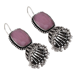 Silver Oxidised finish Jhumka with big glass Stone