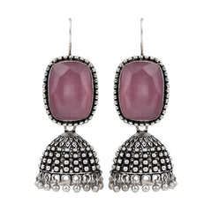 Silver Oxidised finish Jhumka with big glass Stone