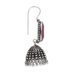 Silver Oxidised finish Jhumka with big glass Stone