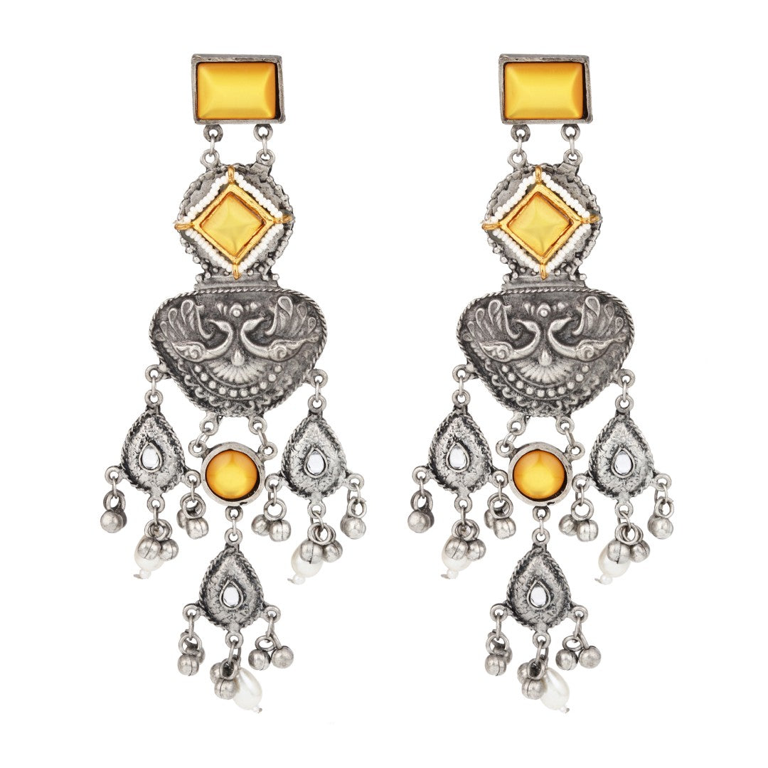 Silver oxydised lightweight long Drop Earring with Yellow Stone