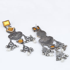 Silver oxydised lightweight long Drop Earring with Yellow Stone