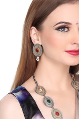 Dual Tone Long Necklace Set with AD & Camp stone