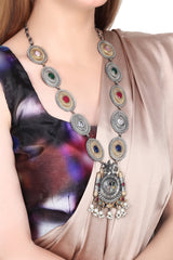 Dual Tone Long Necklace Set with AD & Camp stone