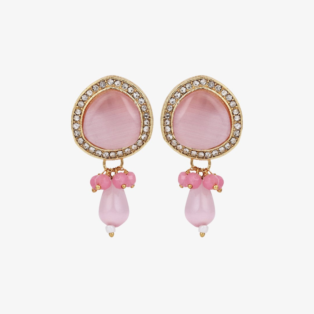 Gold plated Monalisa Stone studs with Glass bead drops Pink