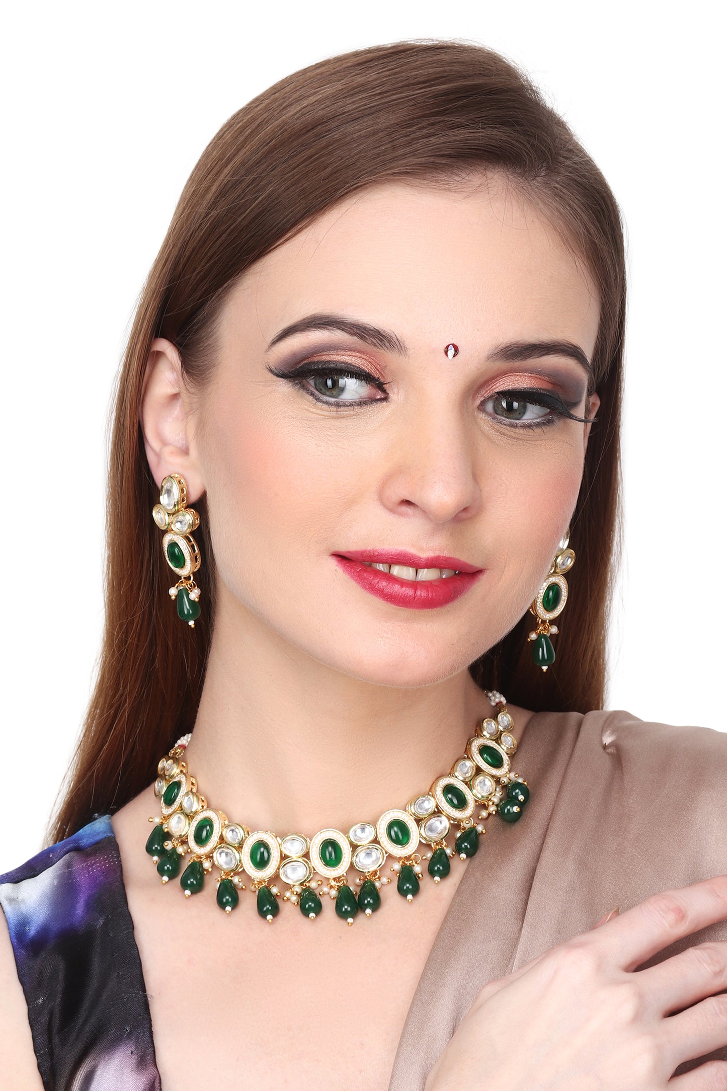 Gold plated Kundan choker set with green stone