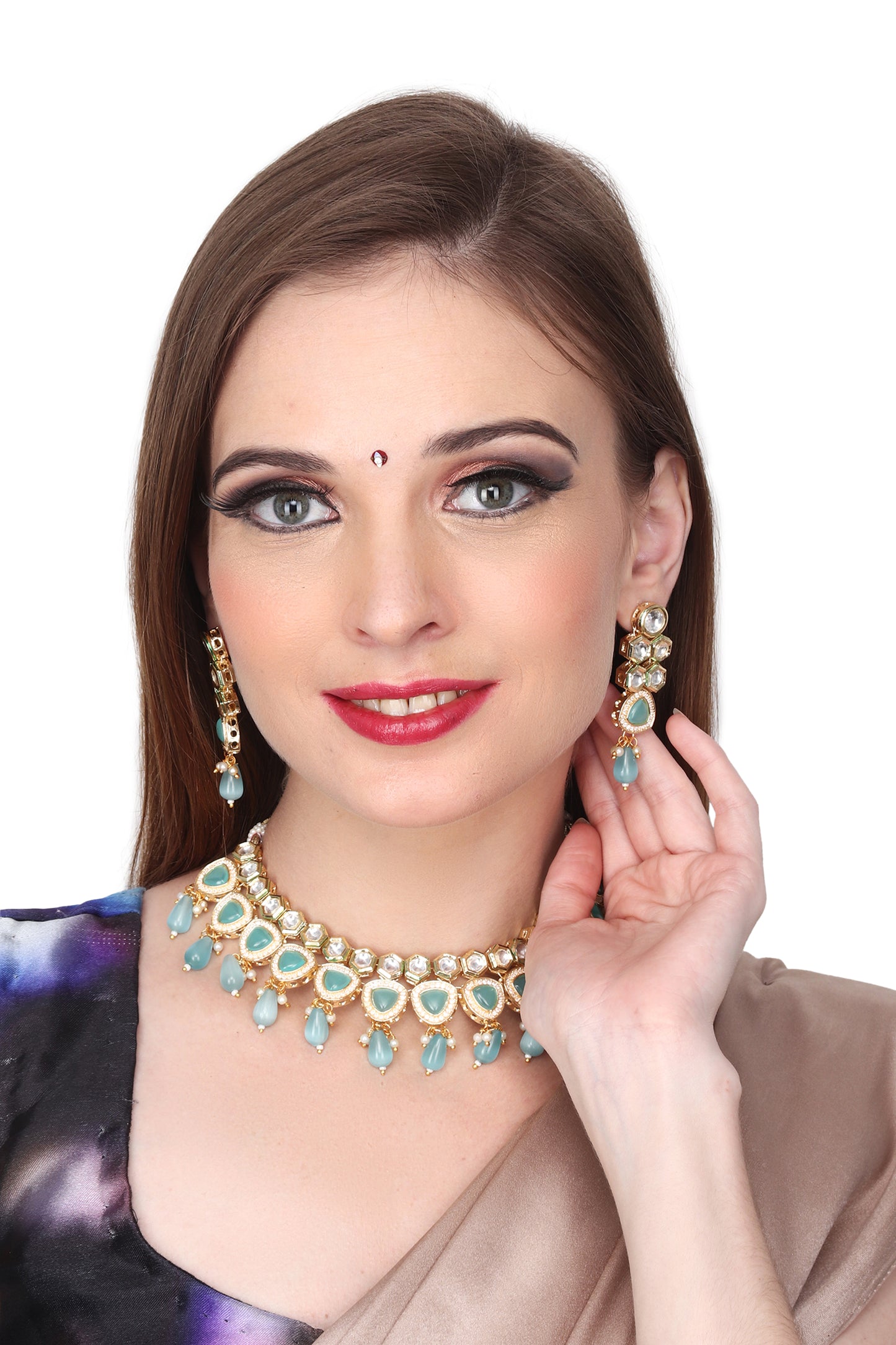 Gold plated kundan necklace set with blue stones