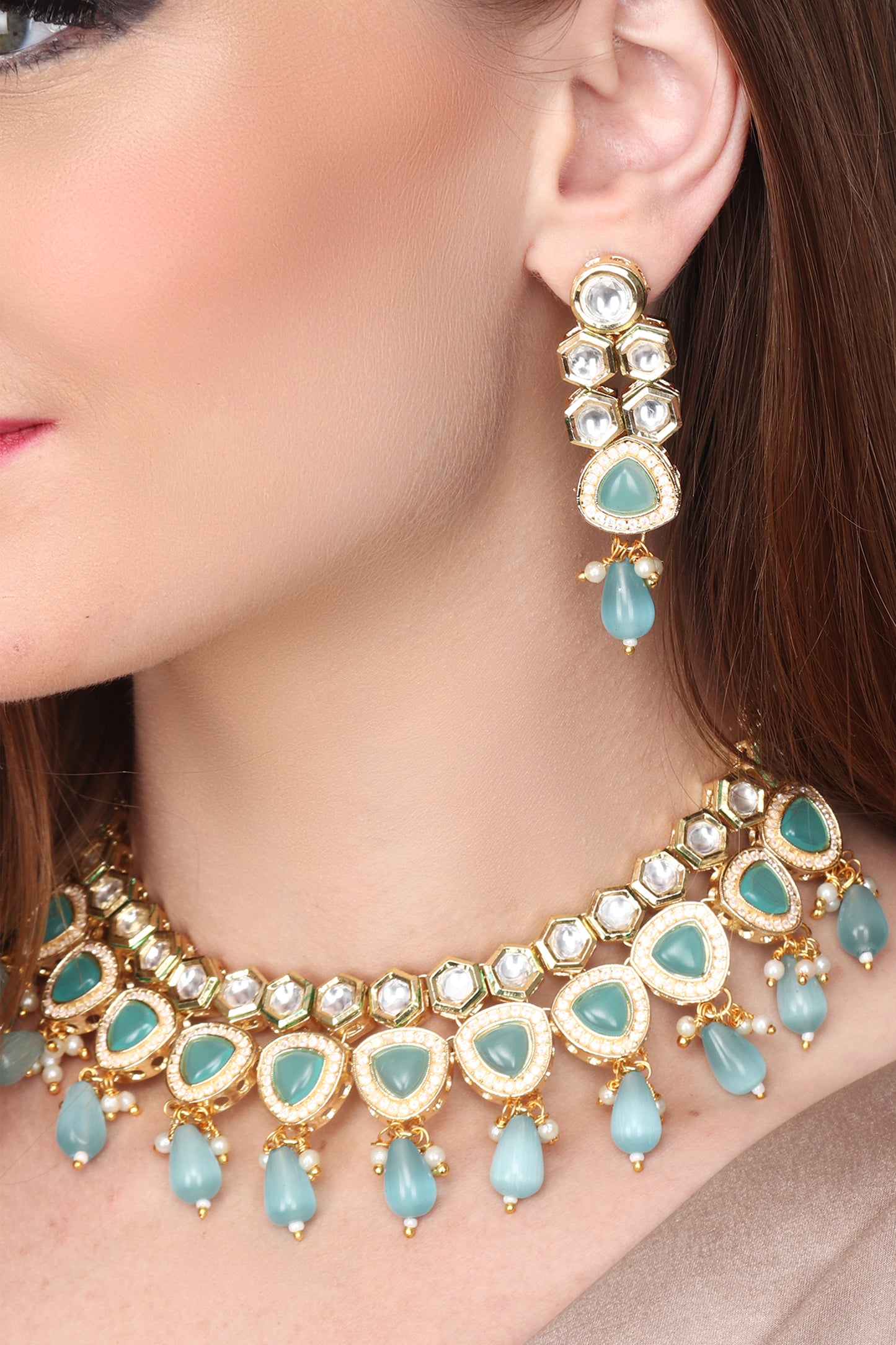 Gold plated kundan necklace set with blue stones