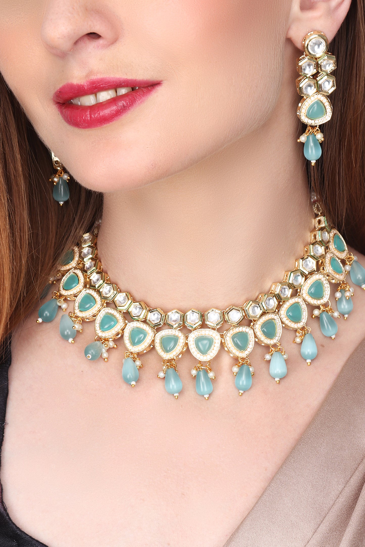Gold plated kundan necklace set with blue stones