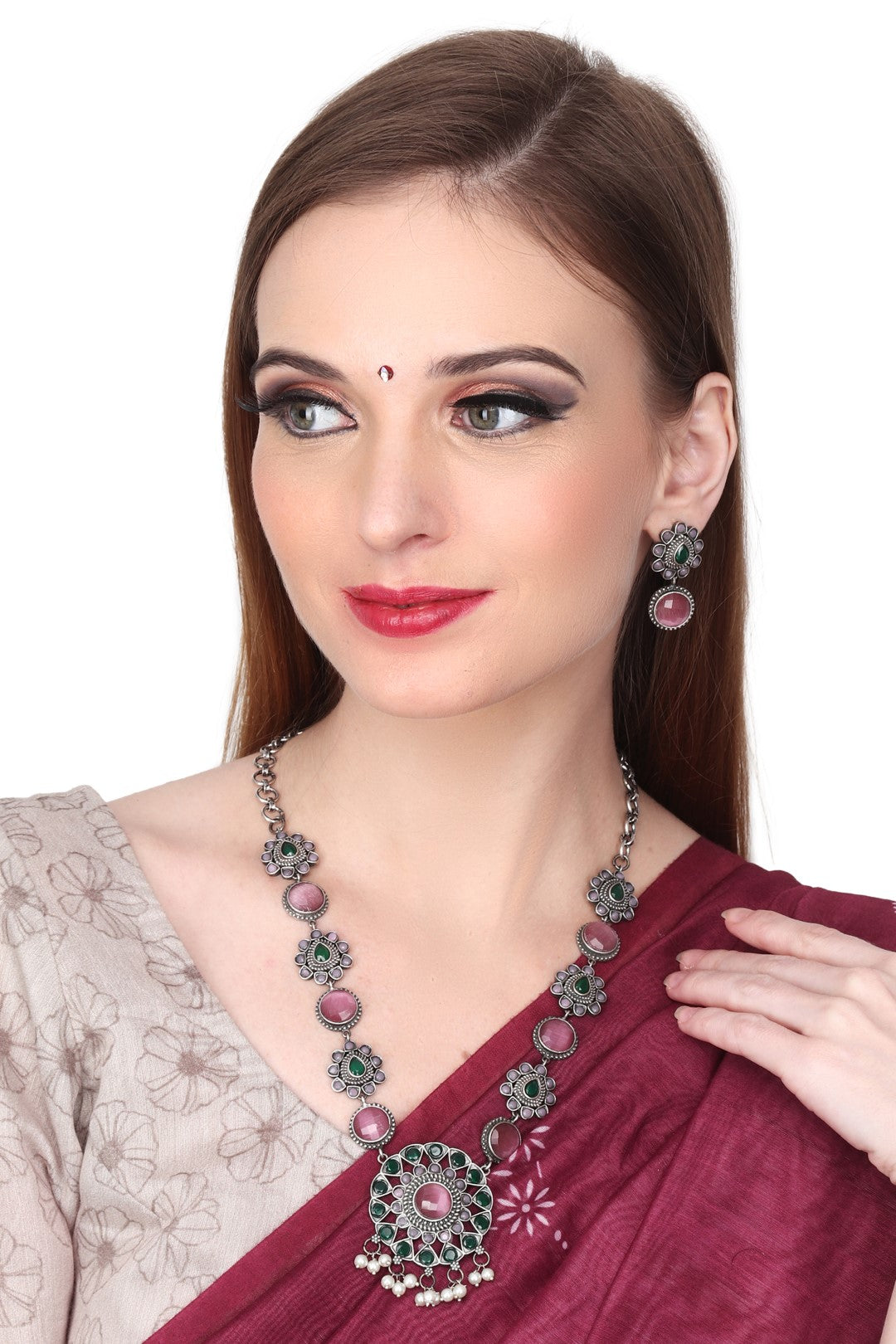 Silver Oxydised finish Necklace with earring