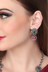 Silver Oxydised finish Necklace with earring
