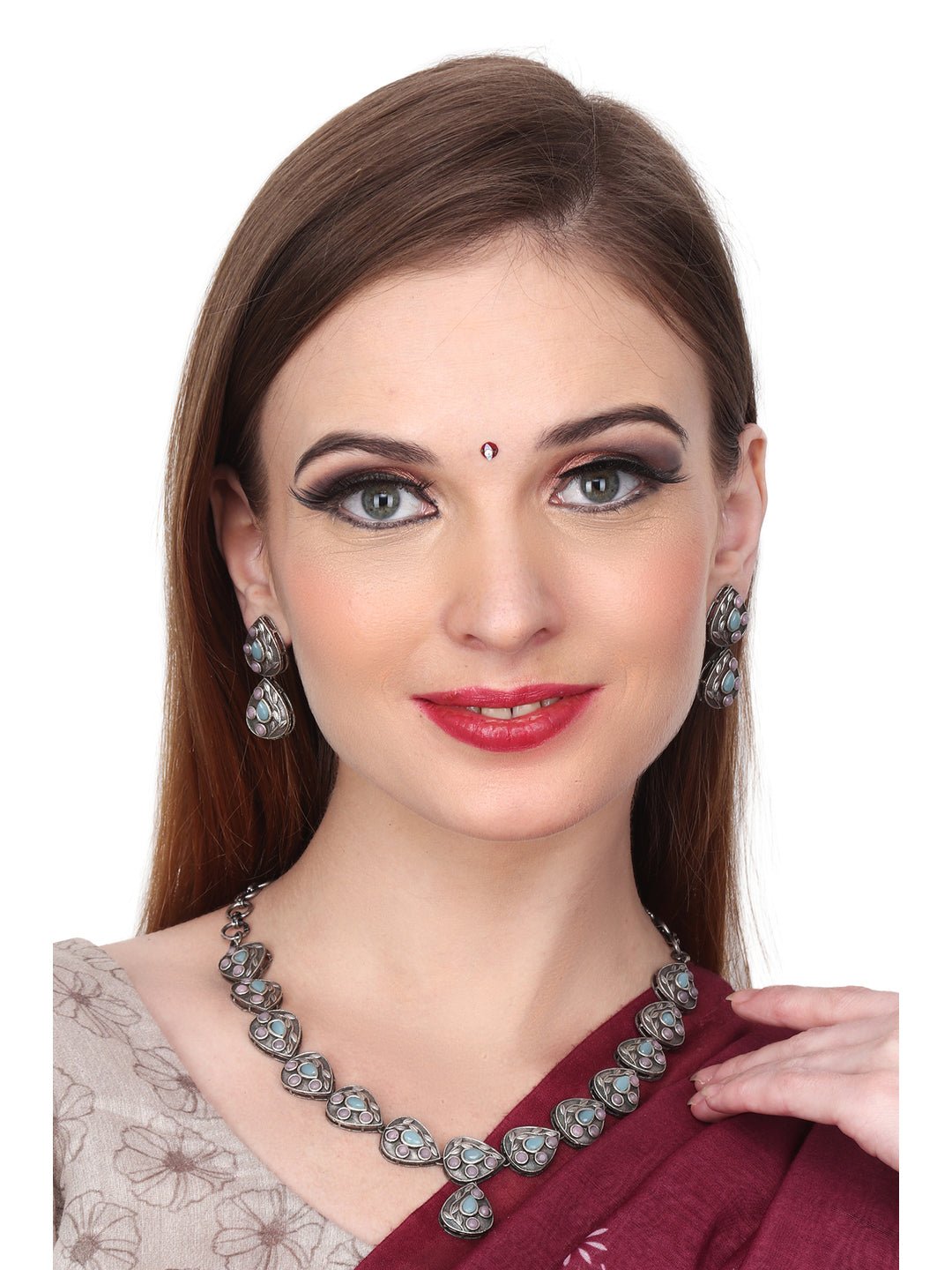 Silver Oxydised Multi Colored stone Jewellery Set