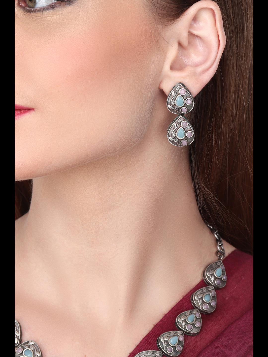 Silver Oxydised Multi Colored stone Jewellery Set