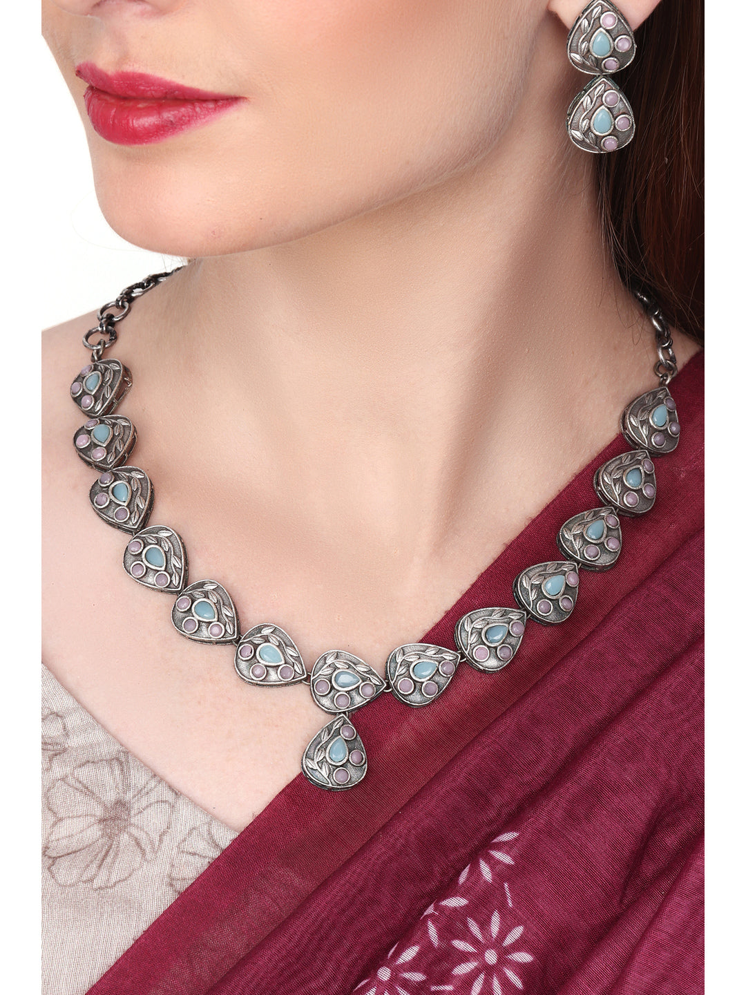 Silver Oxydised Multi Colored stone Jewellery Set