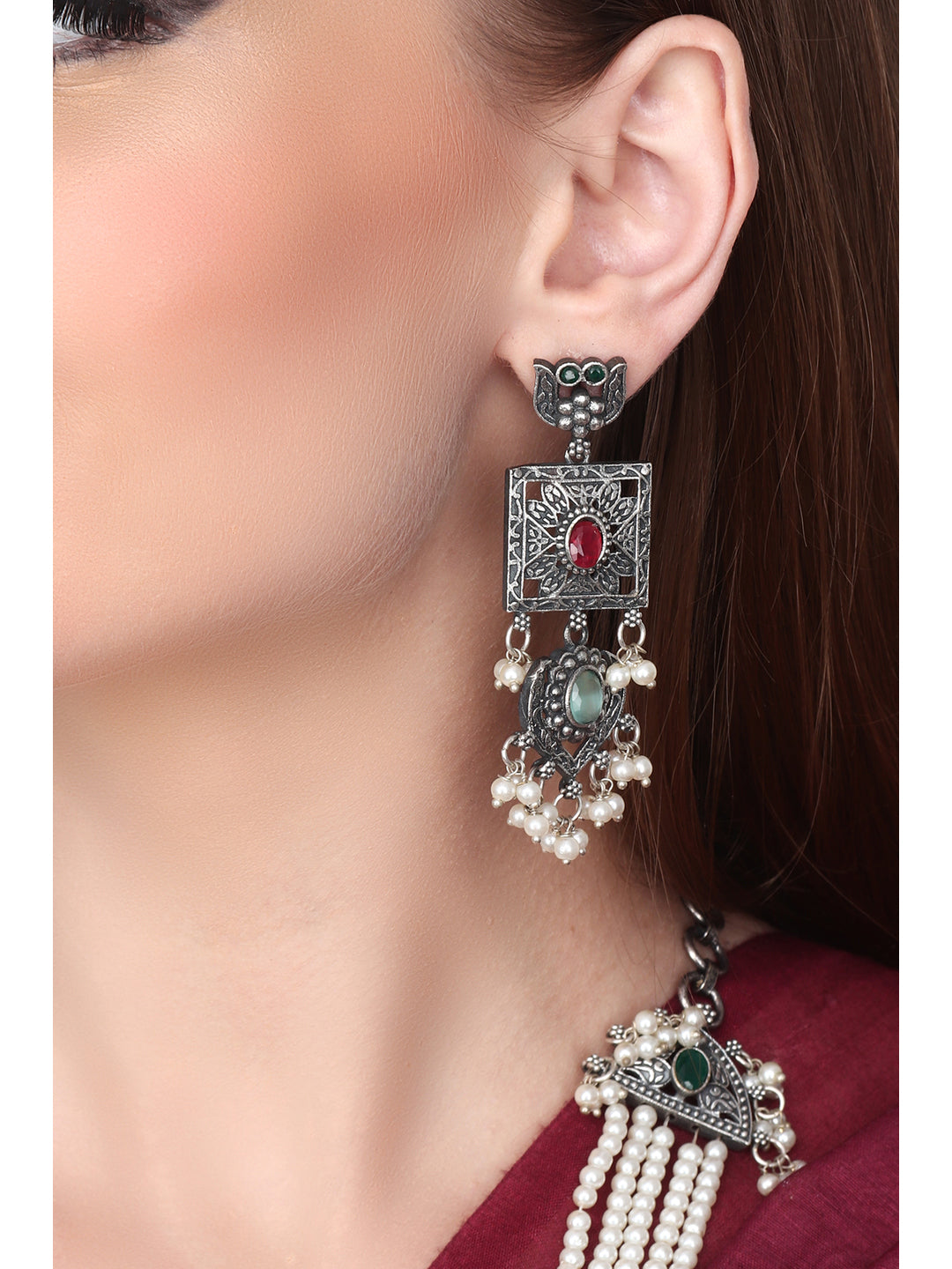 Silver Oxydised Long necklace & Earring set