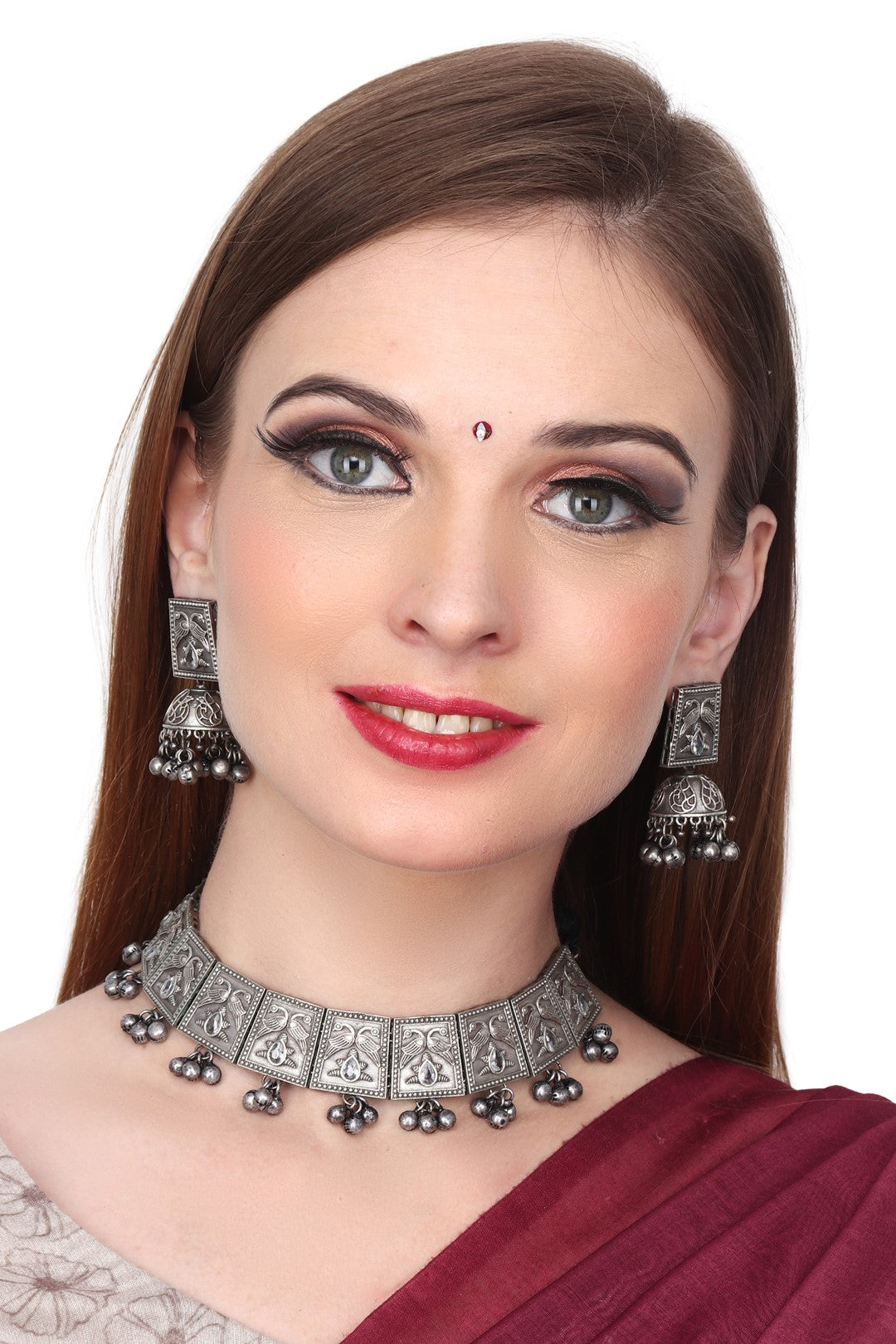 Silver Oxydised finish choker set with engraved design