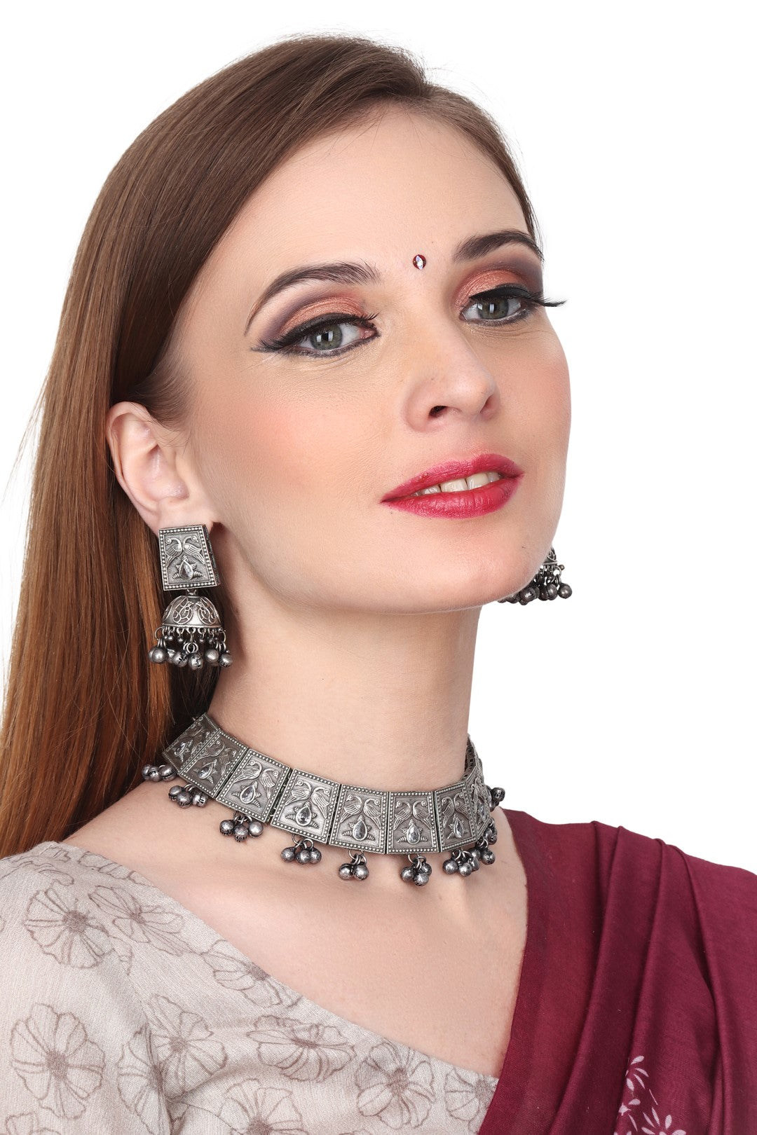 Silver Oxydised finish choker set with engraved design