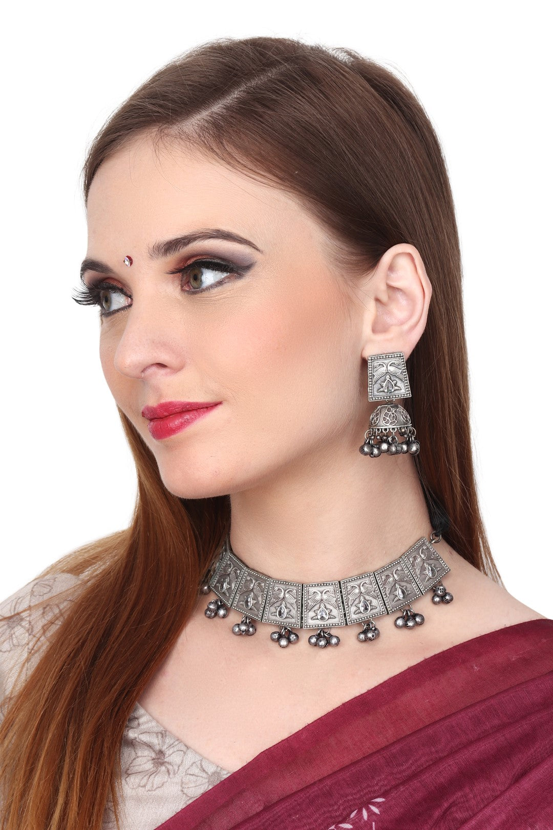 Silver Oxydised finish choker set with engraved design