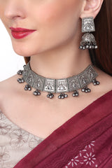 Silver Oxydised finish choker set with engraved design