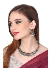Silver Oxydised choker Set with Multi coloured stone