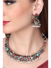 Silver Oxydised choker Set with Multi coloured stone