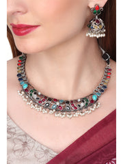 Silver Oxydised choker Set with Multi coloured stone