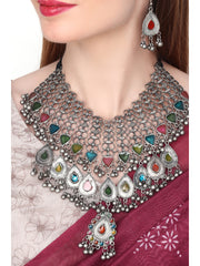Silver Oxydised Jewellery Set with Meenakari