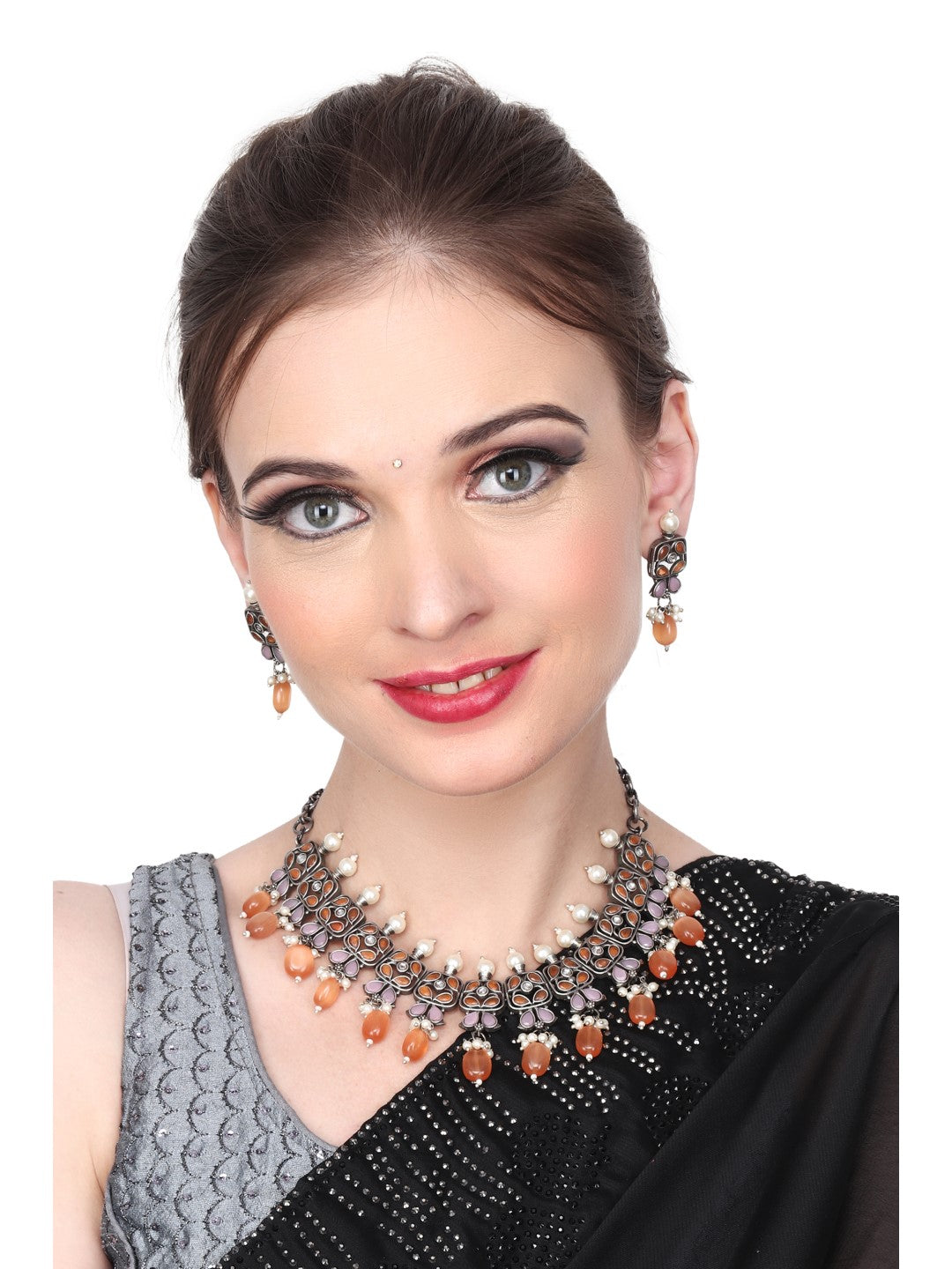 Silver Oxydised finish Necklace choker with earring