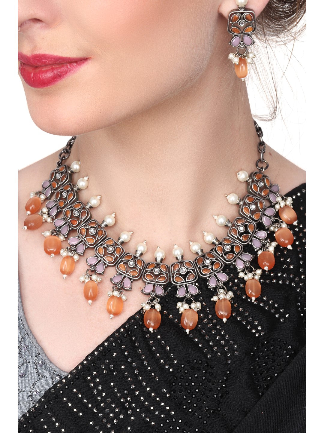 Silver Oxydised finish Necklace choker with earring