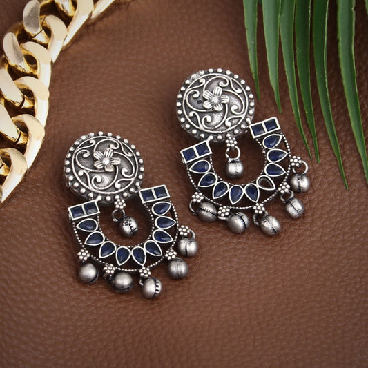 Silver Oxydised finish drop earring