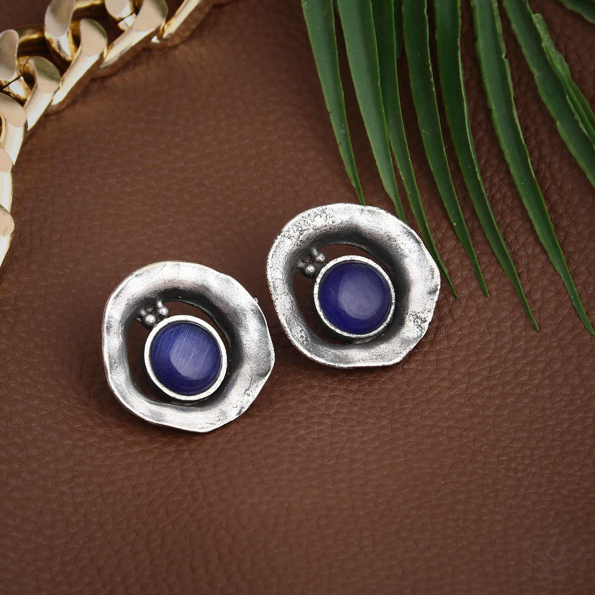 Silver Oxidised finish Stud with Blue stone
