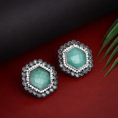 Silver Oxydised finish Pentagon Studs Green