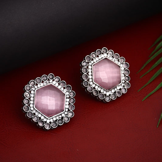 Silver Oxidised finish Pentagon Studs Pink