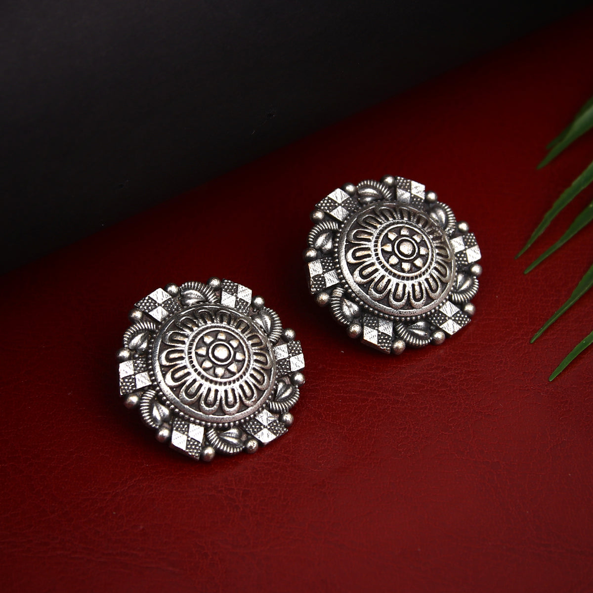 Silver Oxydised finish Self design Studs