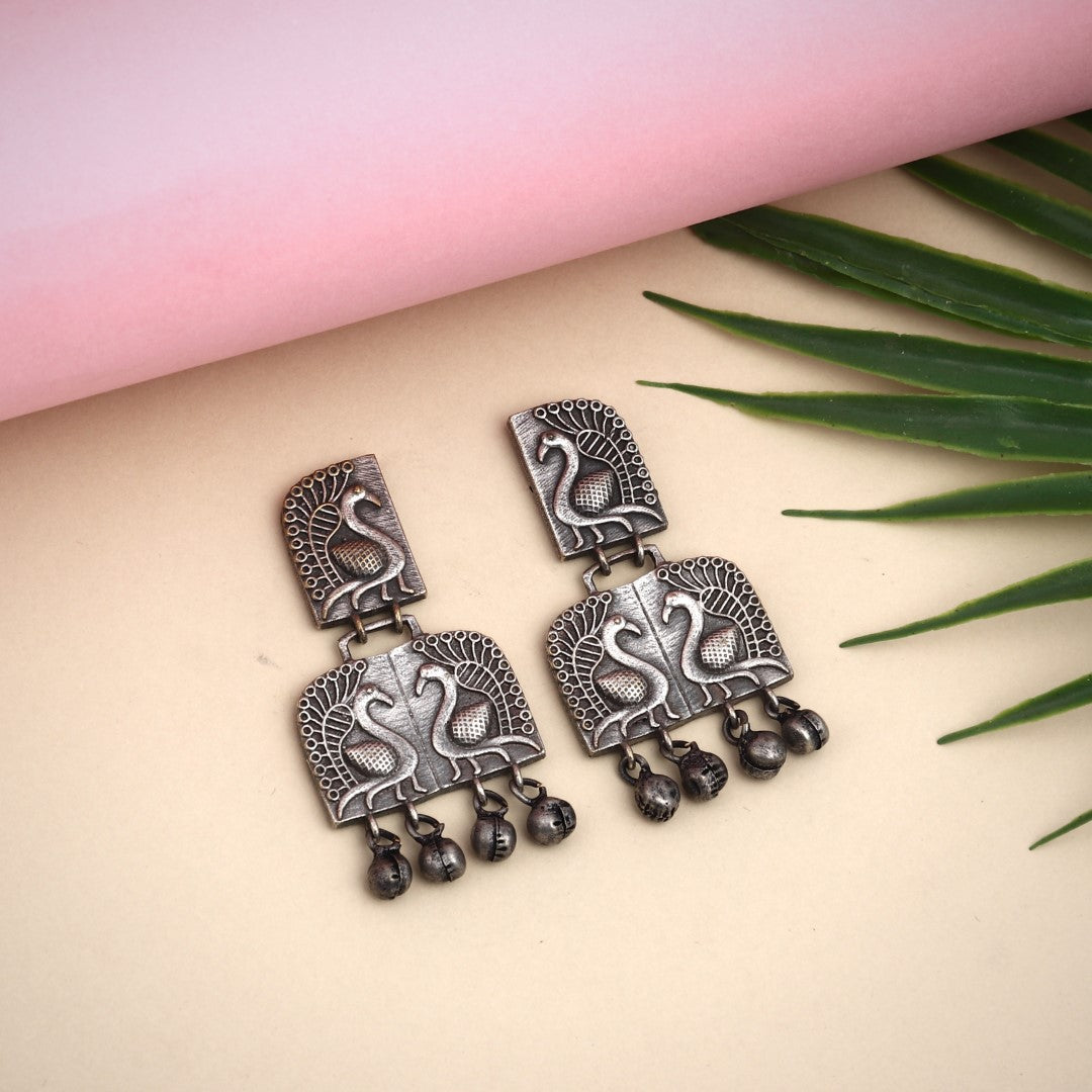 Silver Oxidised finish, peacock embossed drop Earring