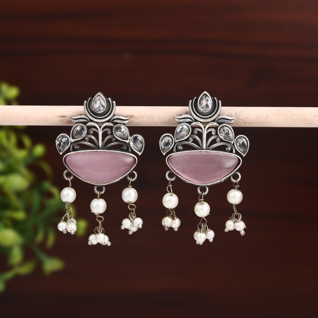 Silver Oxydised finish Pink drop earring