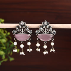 Silver Oxydised finish Pink drop earring