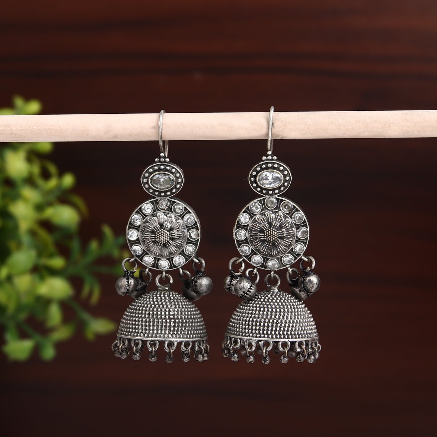 Silver Oxidised finish Jhumka with AD stone