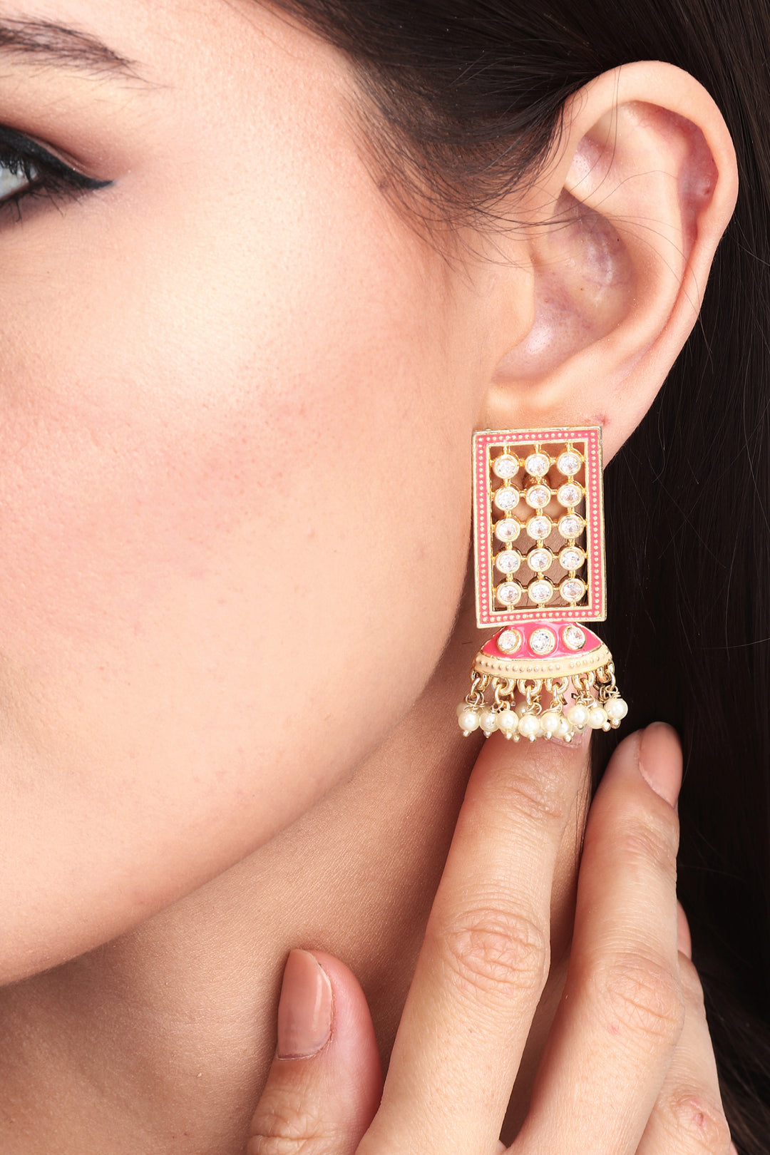 Gold Plated Drop earring with Pink Enamel