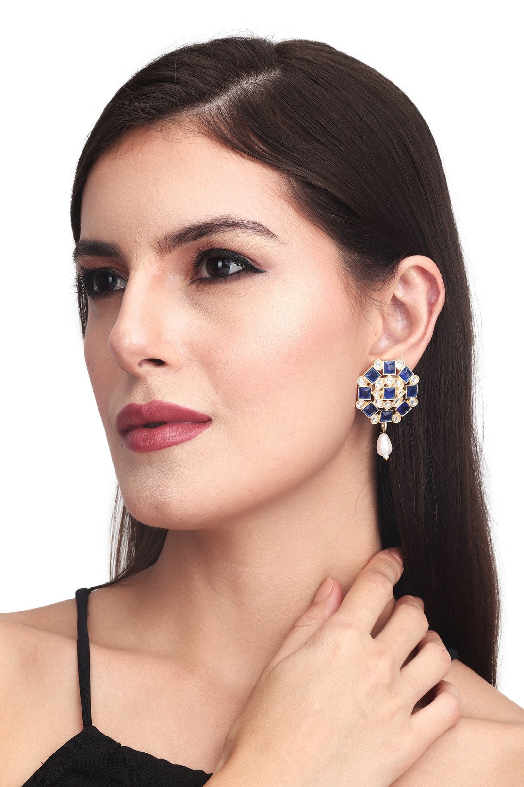 Gold plated Blue & White Monalisa Stone Studs with pearl drop
