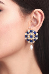 Gold plated Blue & White Monalisa Stone Studs with pearl drop
