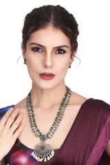 Dual Tone Long Necklace Set with AD & Quartz stone