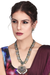 Dual Tone Long Necklace Set with AD & Quartz stone