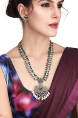 Dual Tone Long Necklace Set with AD & Quartz stone