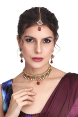 Multi coloured stone, temple design necklace earring & Maangtikka set
