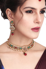 Multi coloured stone, temple design necklace earring & Maangtikka set