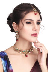 Multi coloured stone, temple design necklace earring & Maangtikka set